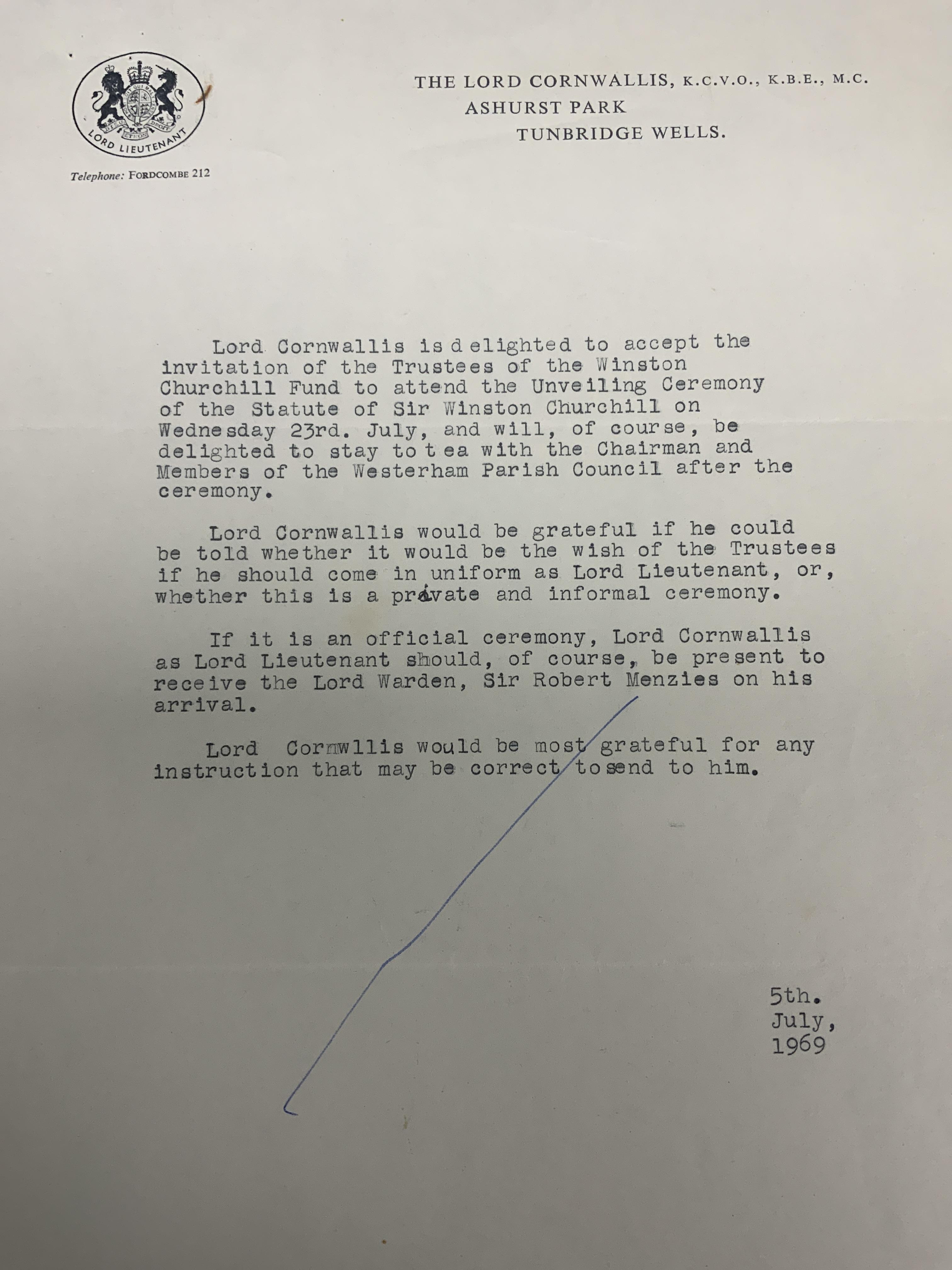 A collection of letters and other memorabilia regarding the unveiling of the Oscar Nemon (1906-1985) bronze statue of the seated figure of Sir Winston Churchill on The Green